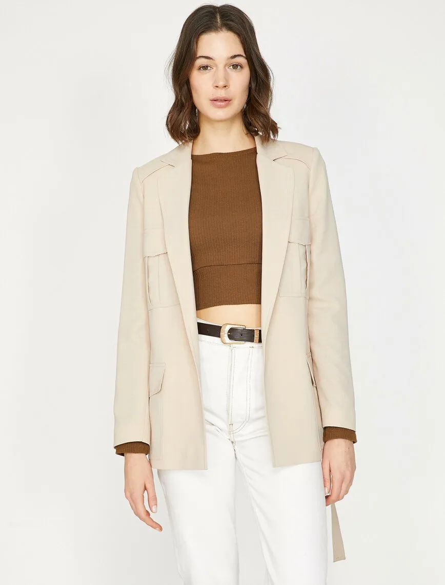 10618 Beige Tie Waist Pocket Jacket