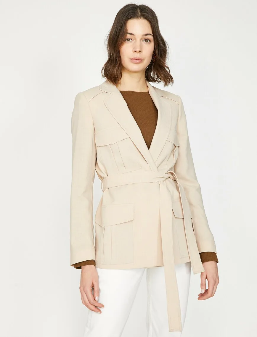 10618 Beige Tie Waist Pocket Jacket