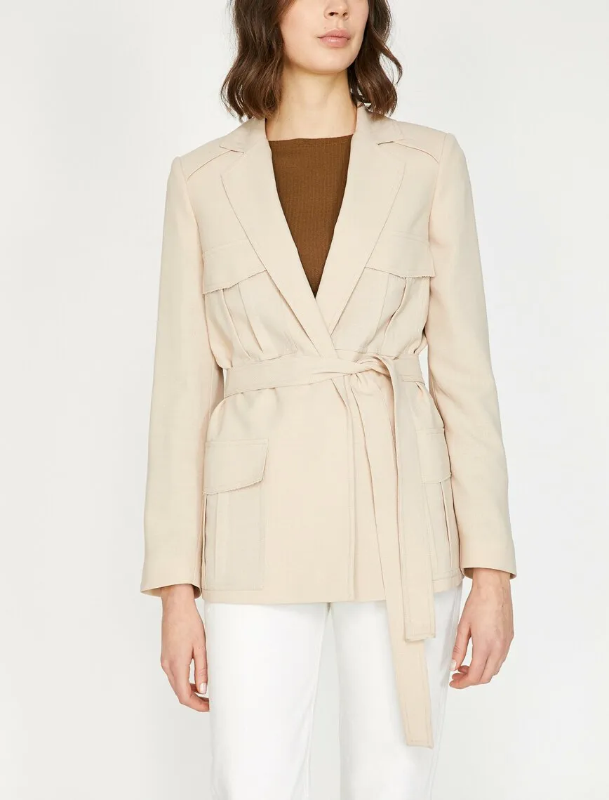10618 Beige Tie Waist Pocket Jacket