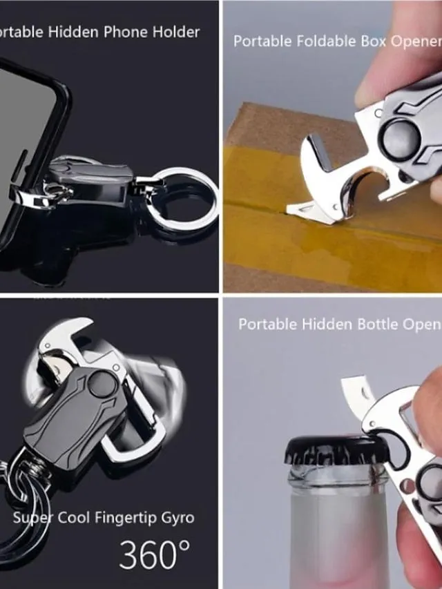 4-in-1 Heavy Duty Key Chain Anti-Anxiety Fidget Spinner Rotatable Keyring Box Cutter Phone Holer Bottle Opener Keychain CYT