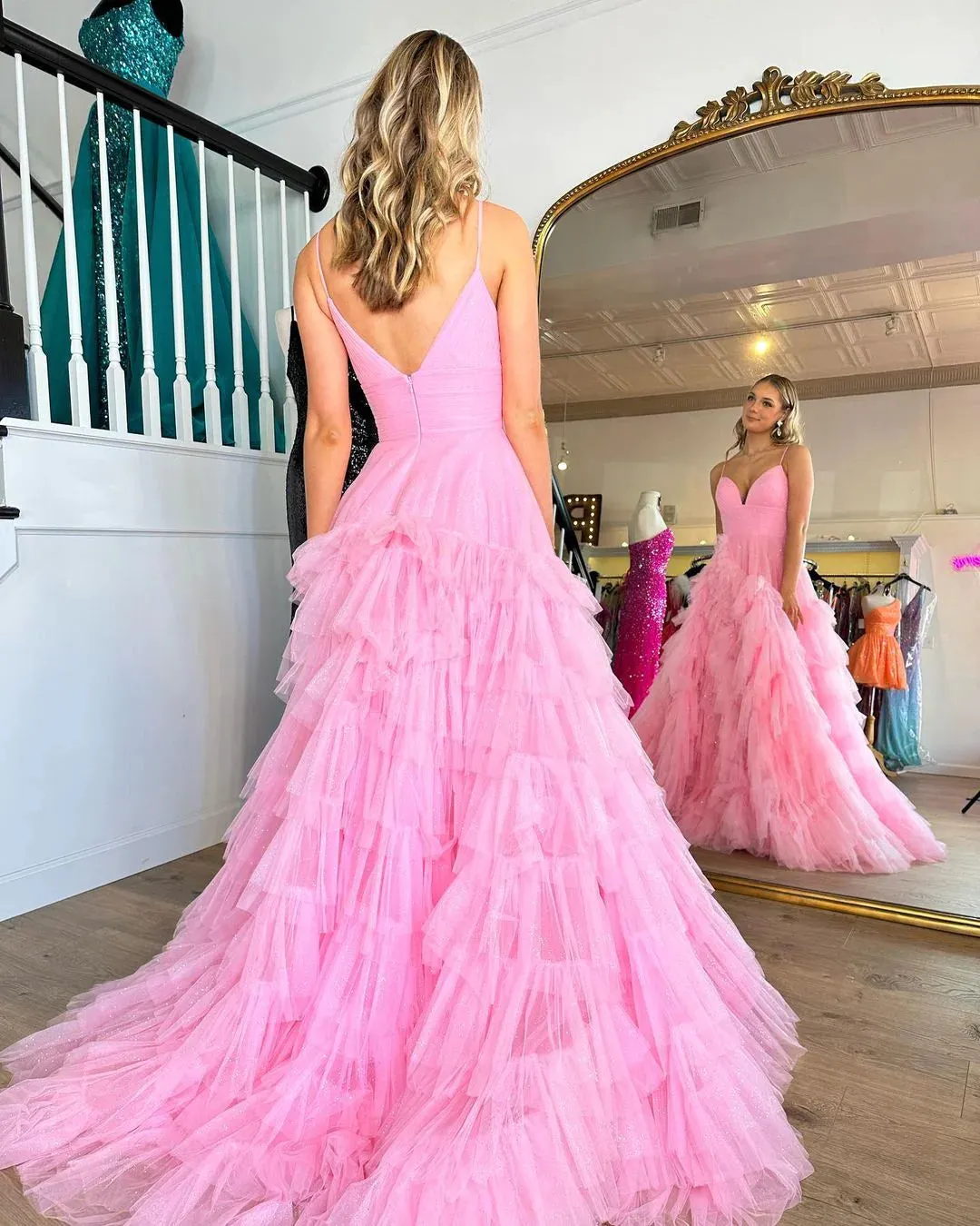 A-Line Spaghetti Straps Pink Princess Frill-Layered Long Prom Dress JKW128