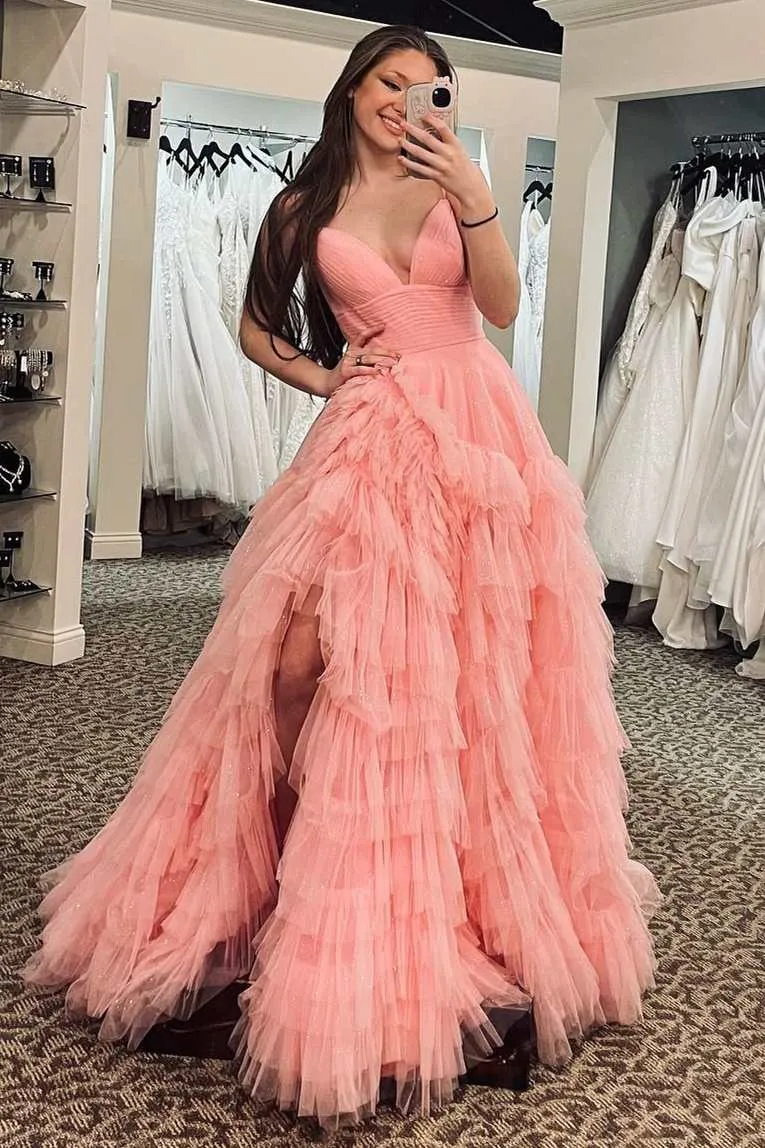 A-Line Spaghetti Straps Pink Princess Frill-Layered Long Prom Dress JKW128