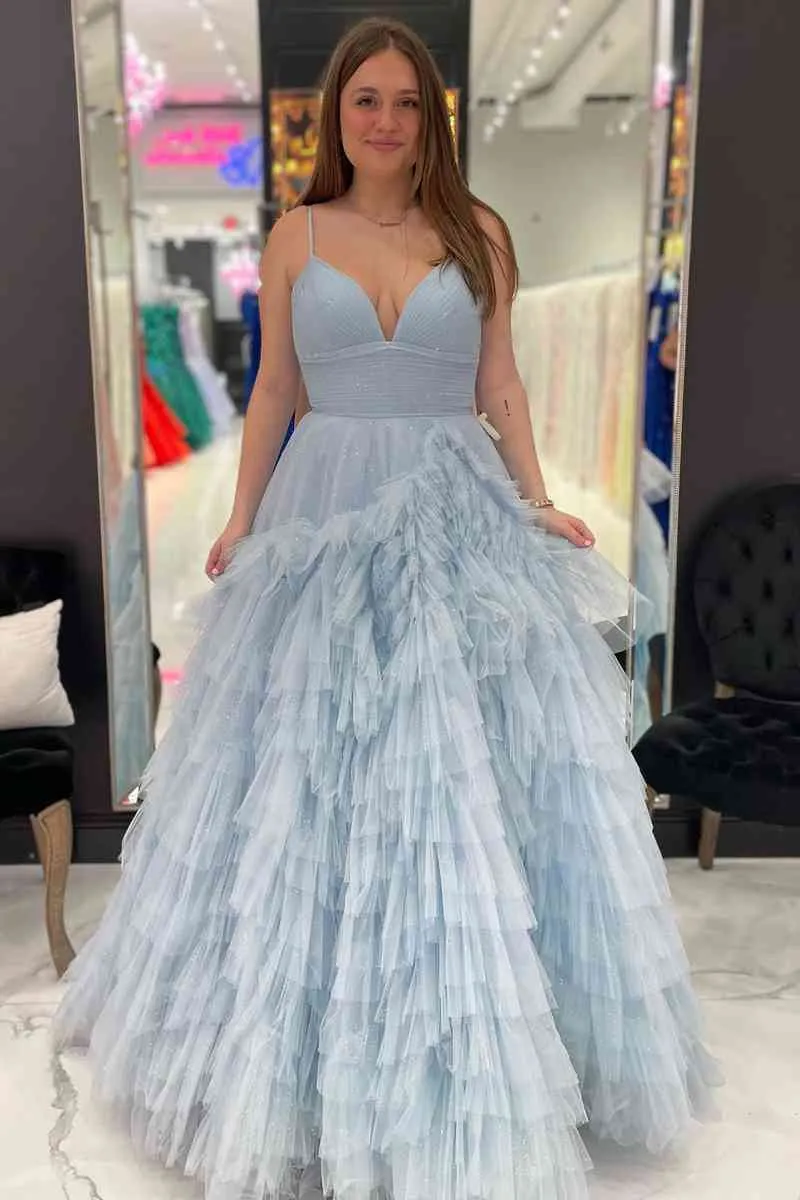 A-Line Spaghetti Straps Pink Princess Frill-Layered Long Prom Dress JKW128
