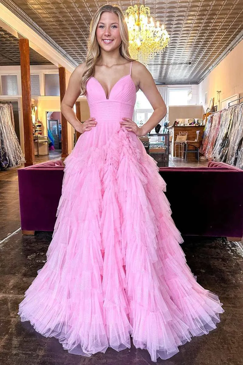 A-Line Spaghetti Straps Pink Princess Frill-Layered Long Prom Dress JKW128