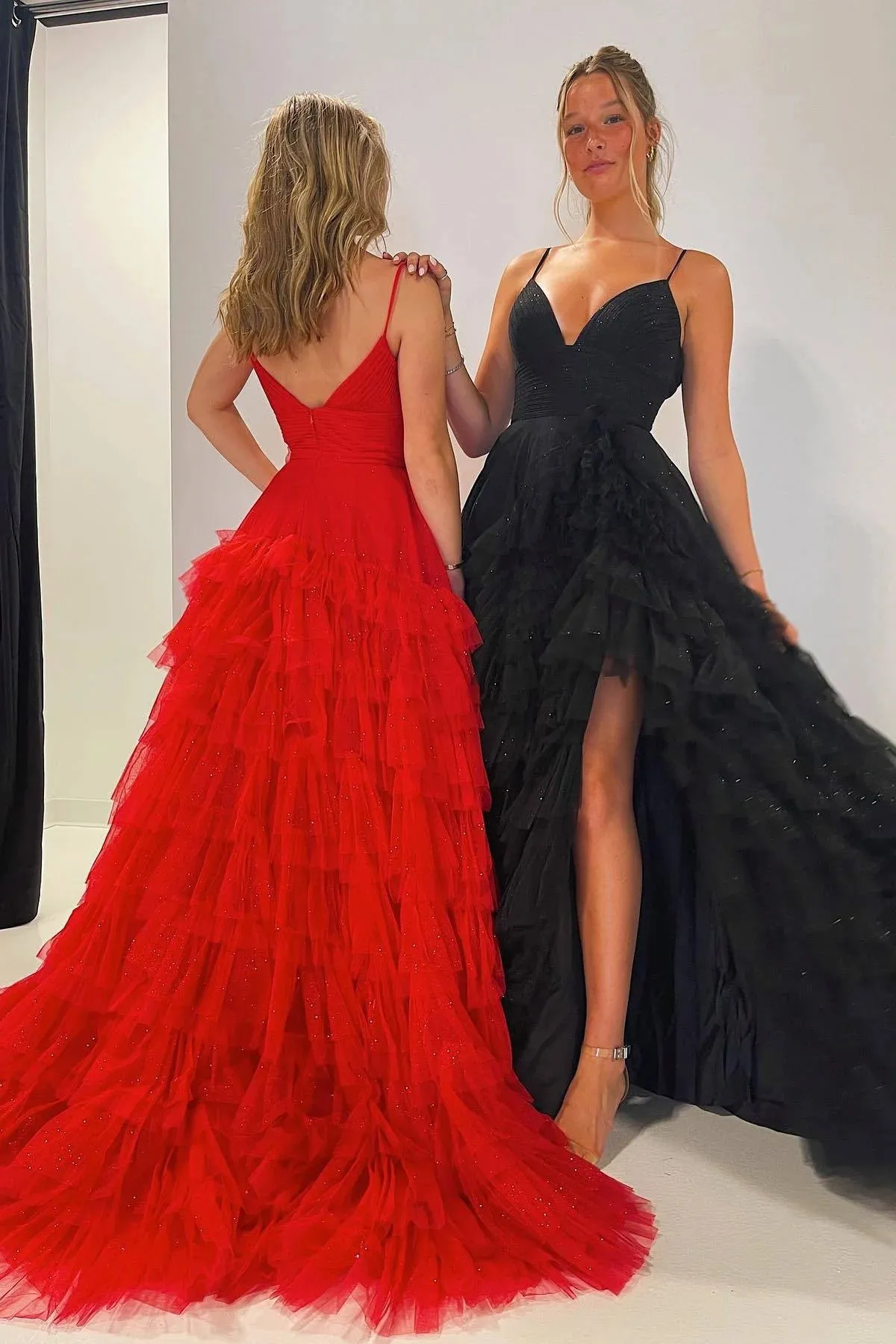 A-Line Spaghetti Straps Pink Princess Frill-Layered Long Prom Dress JKW128