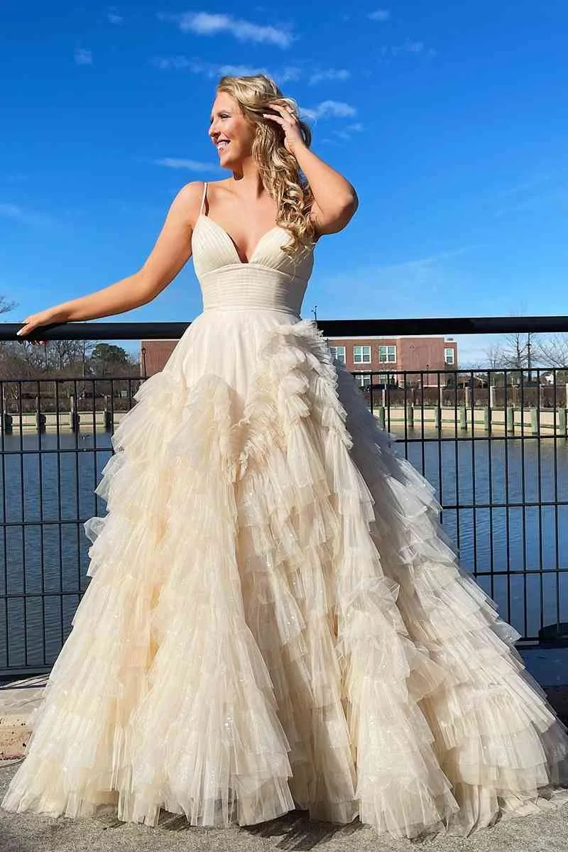 A-Line Spaghetti Straps Pink Princess Frill-Layered Long Prom Dress JKW128