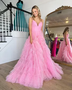 A-Line Spaghetti Straps Pink Princess Frill-Layered Long Prom Dress JKW128