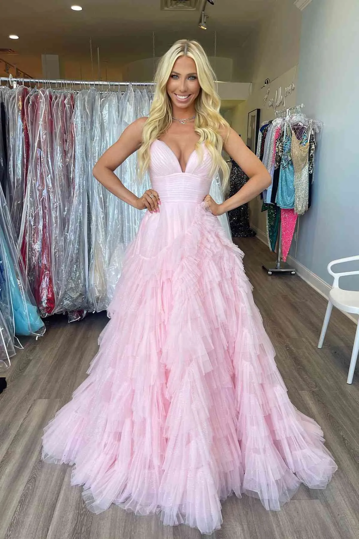 A-Line Spaghetti Straps Pink Princess Frill-Layered Long Prom Dress JKW128