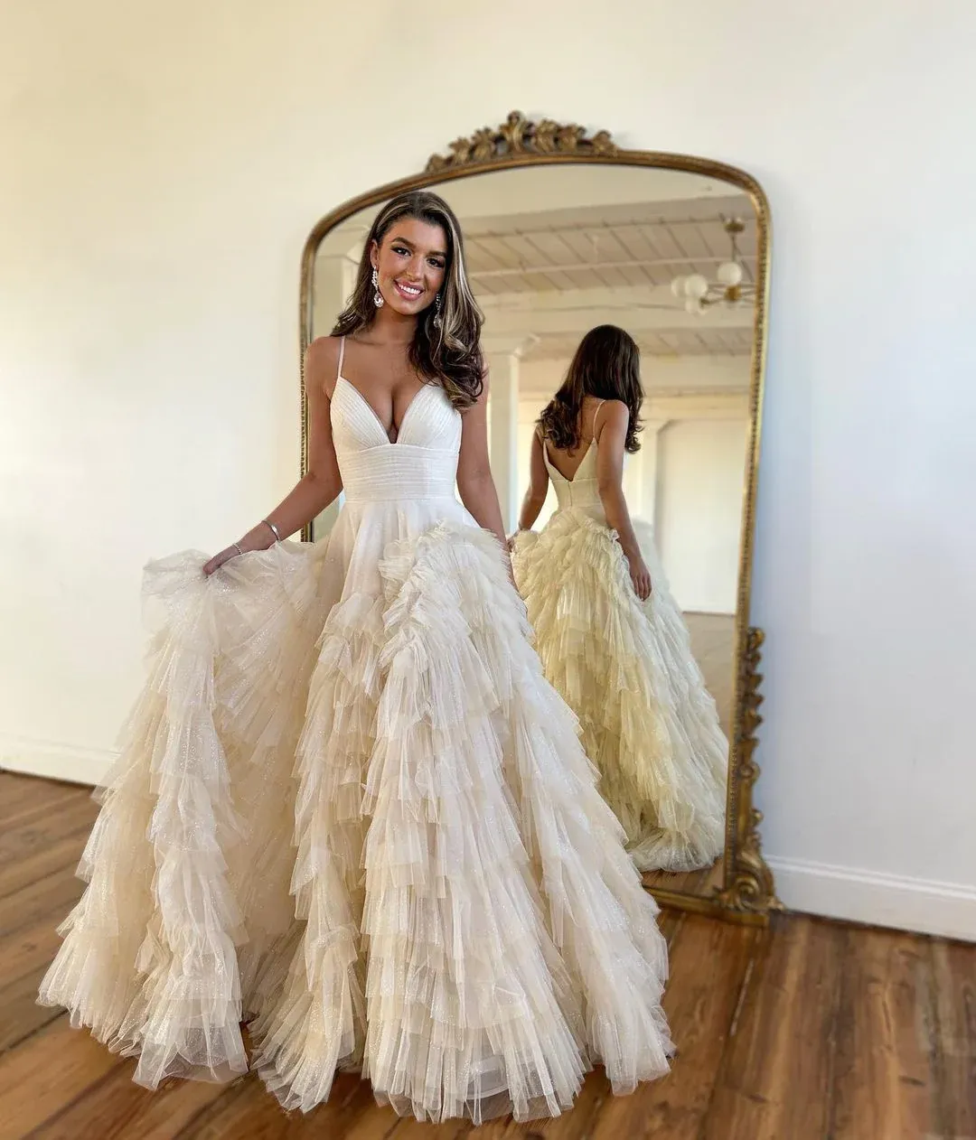 A-Line Spaghetti Straps Pink Princess Frill-Layered Long Prom Dress JKW128