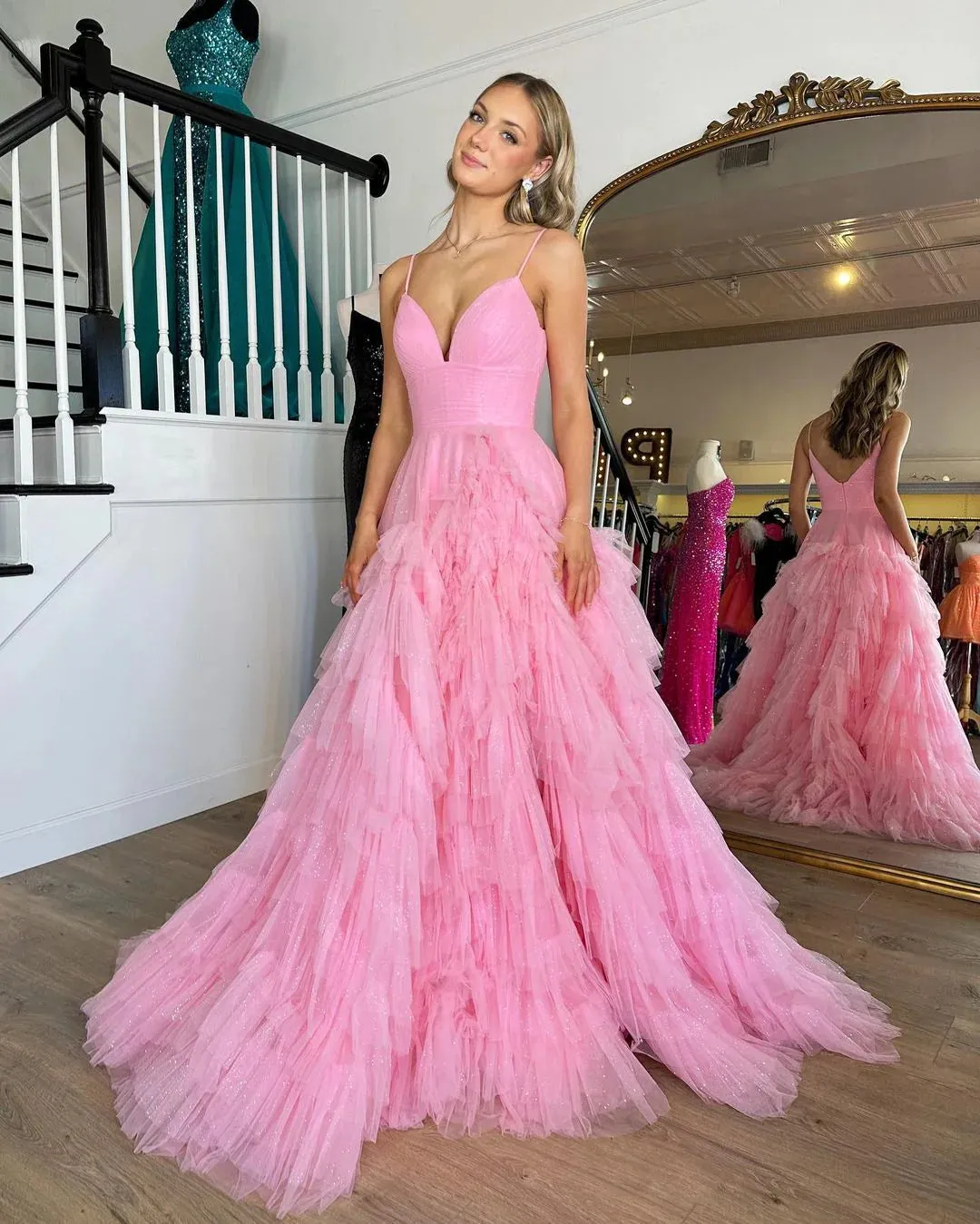 A-Line Spaghetti Straps Pink Princess Frill-Layered Long Prom Dress JKW128