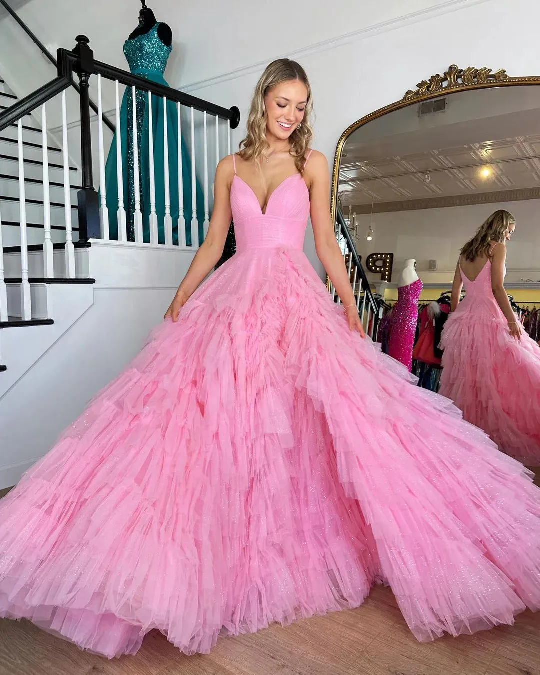 A-Line Spaghetti Straps Pink Princess Frill-Layered Long Prom Dress JKW128