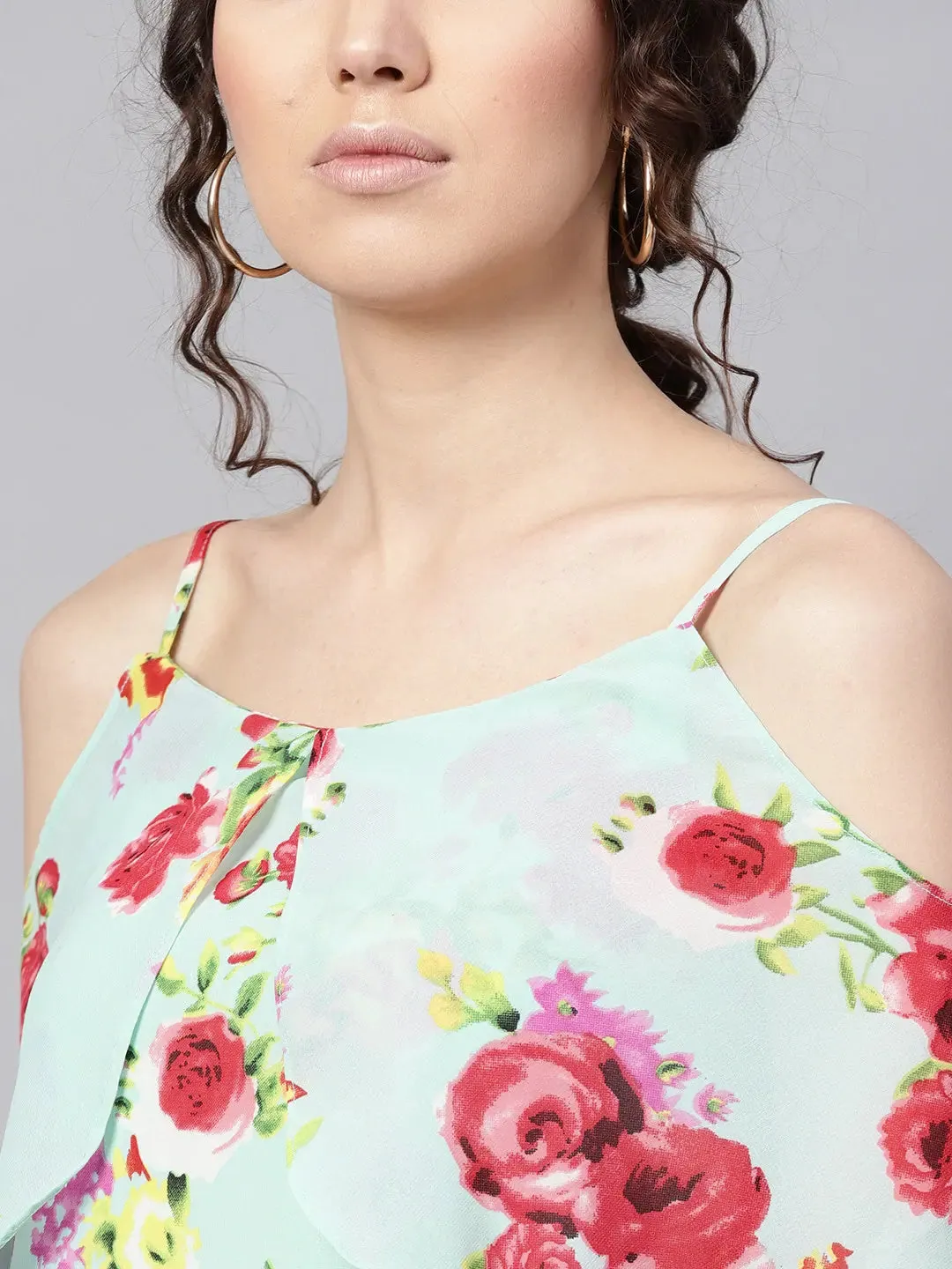 Aqua Floral Layered Fit & Flare Strap Dress