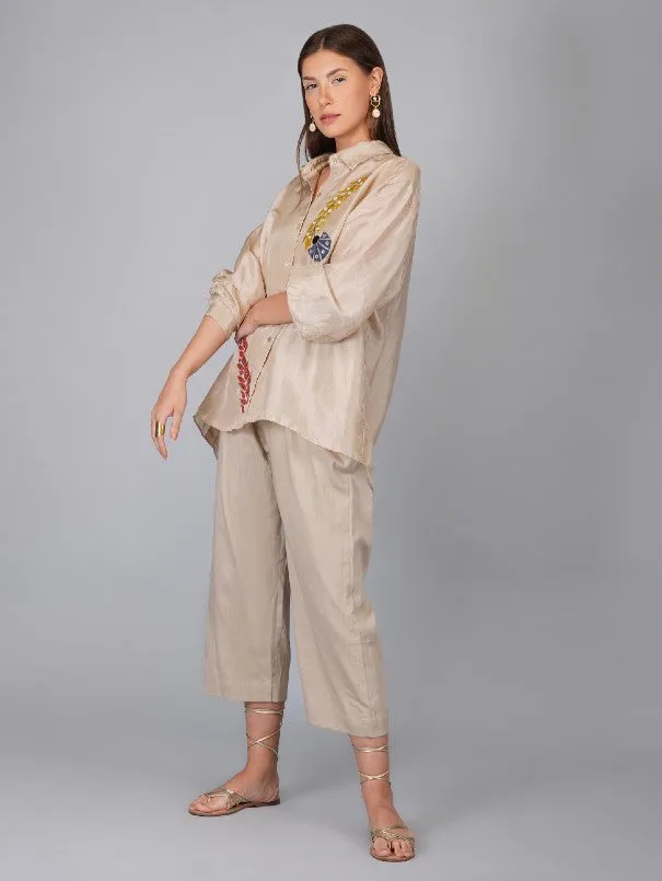 Beige Applique Flower Work Silk Shirt (Set of 2)