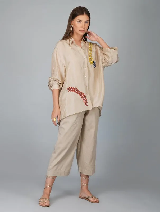 Beige Applique Flower Work Silk Shirt (Set of 2)