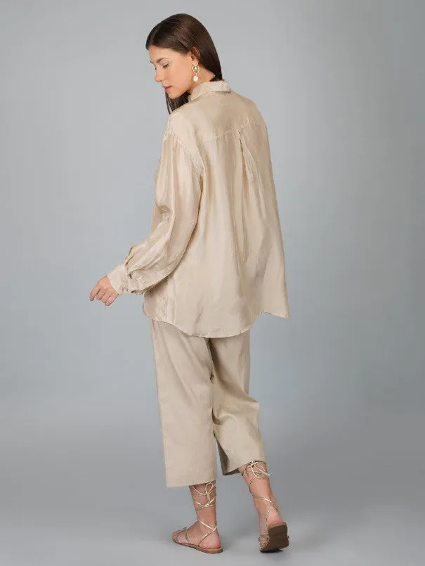 Beige Applique Flower Work Silk Shirt (Set of 2)