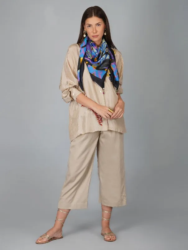 Beige Applique Flower Work Silk Shirt (Set of 2)