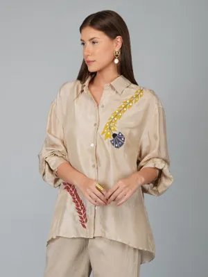 Beige Applique Flower Work Silk Shirt (Set of 2)