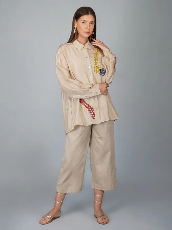 Beige Applique Flower Work Silk Shirt (Set of 2)