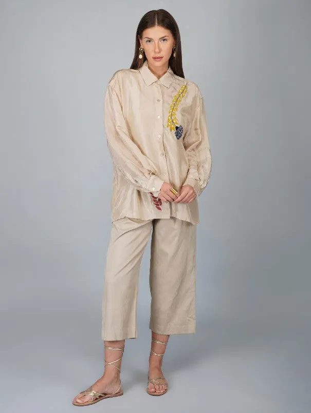 Beige Applique Flower Work Silk Shirt (Set of 2)