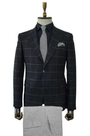 Black Checkered Blazer, Black Shirt, Gray Trousers, and Textured Tie Combination - Prestigious Men's Fashion - Wessi