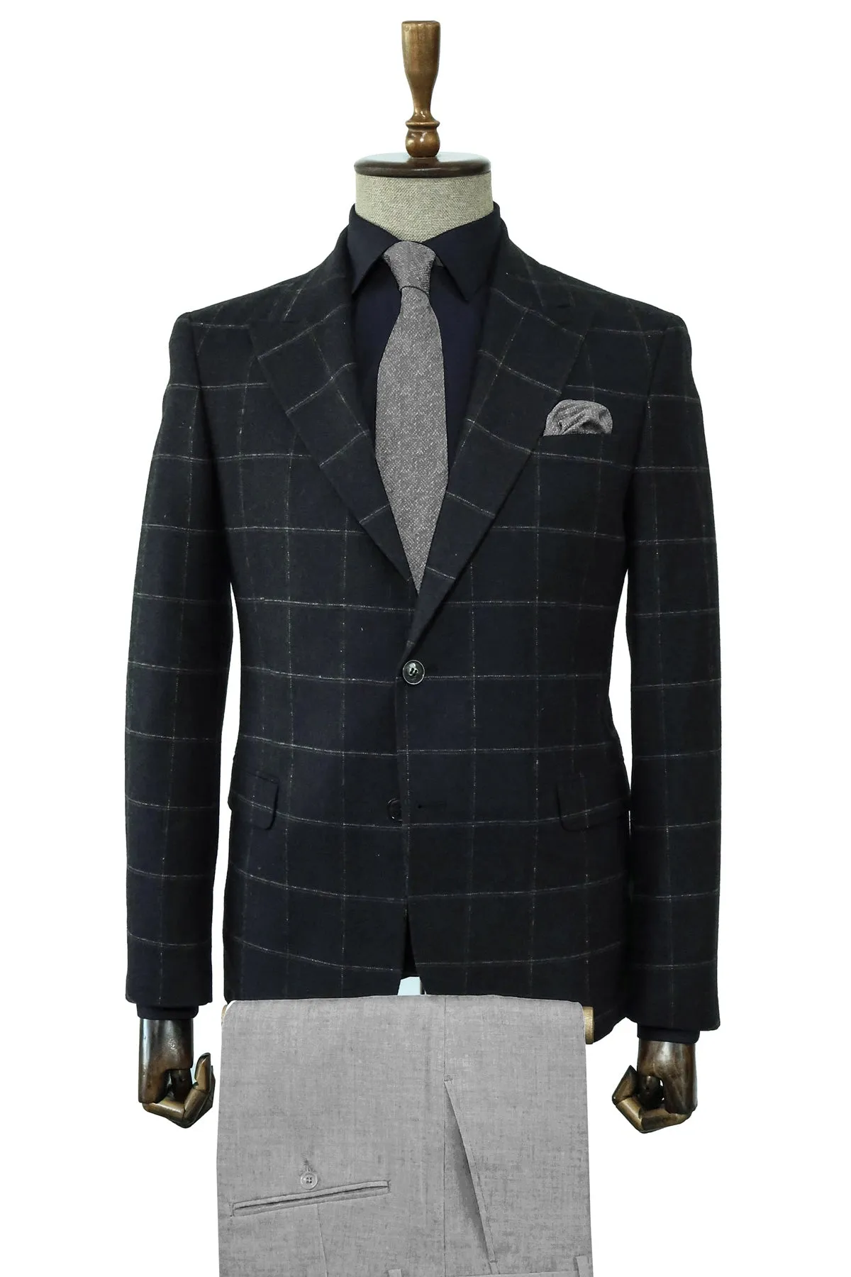 Black Checkered Blazer, Black Shirt, Gray Trousers, and Textured Tie Combination - Prestigious Men's Fashion - Wessi