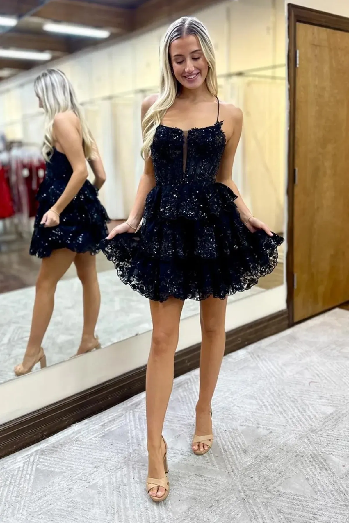 Black Lace Cute Layered Spaghetti Straps Short Prom Dresses, Black Lace Homecoming Dresses WT1535