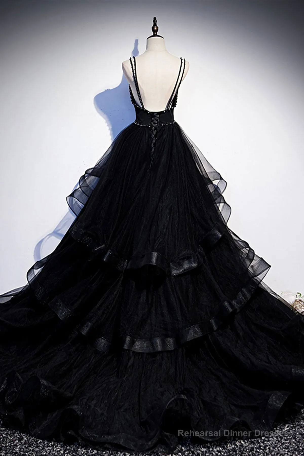 Black Tulle Open Back V Neck Beaded Layered Long Prom Dresses