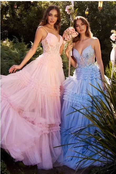 Blue Layered Tulle Ball Gown