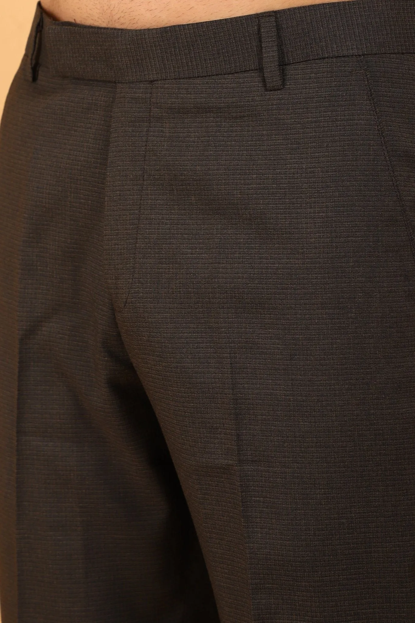 Bluebird Men's Dark Brown Textured Lycra Formal Trousers