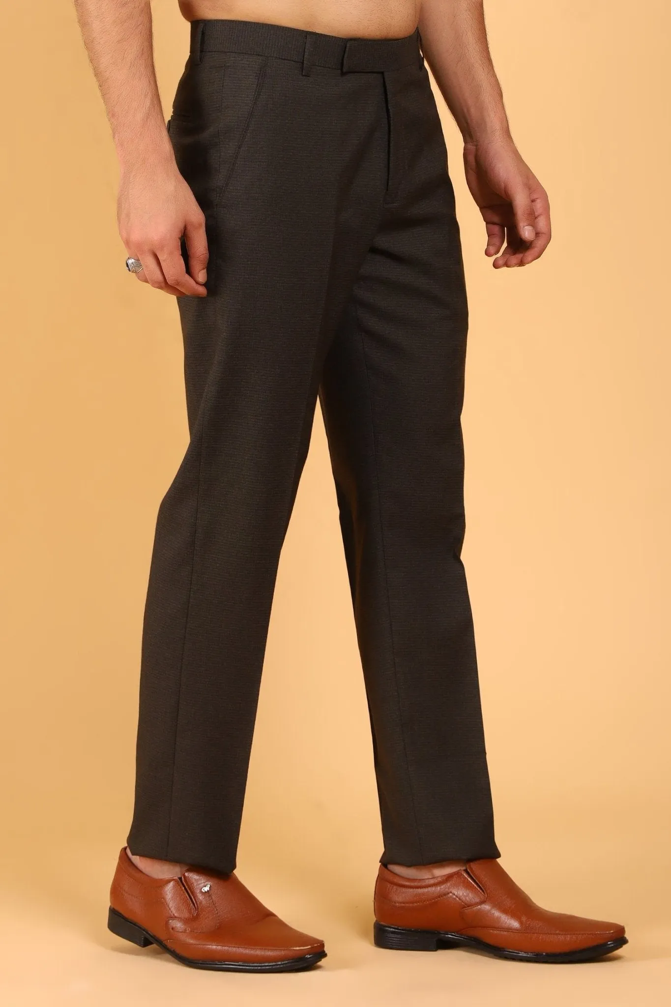 Bluebird Men's Dark Brown Textured Lycra Formal Trousers