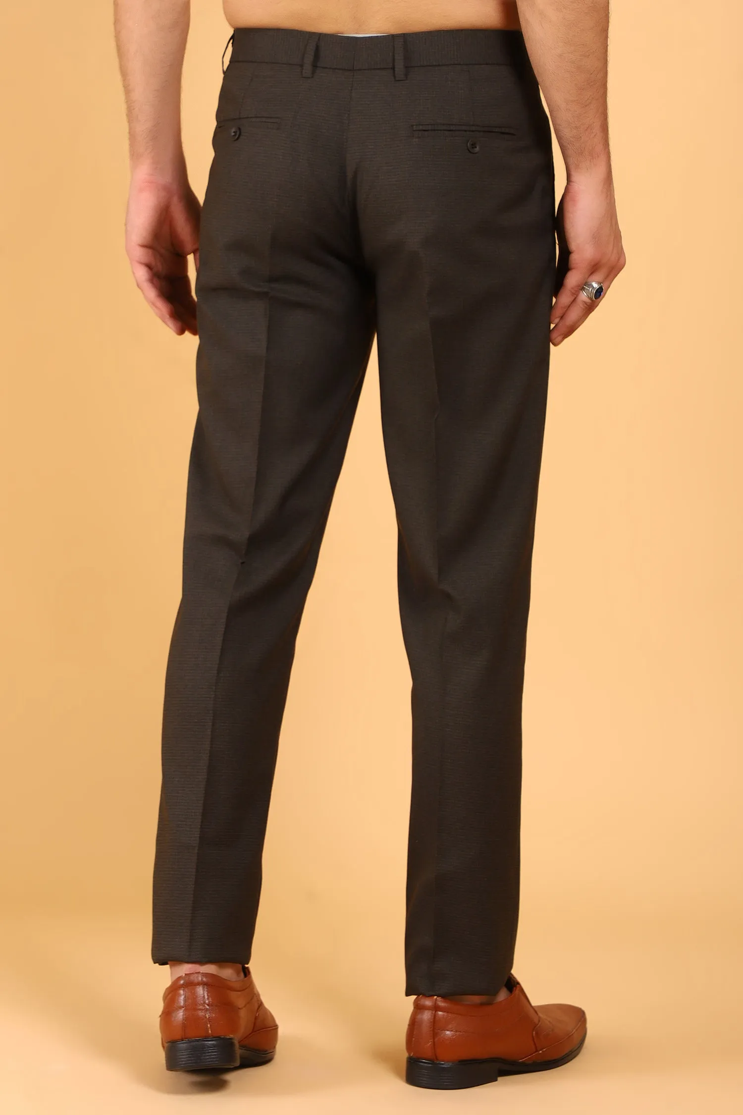 Bluebird Men's Dark Brown Textured Lycra Formal Trousers