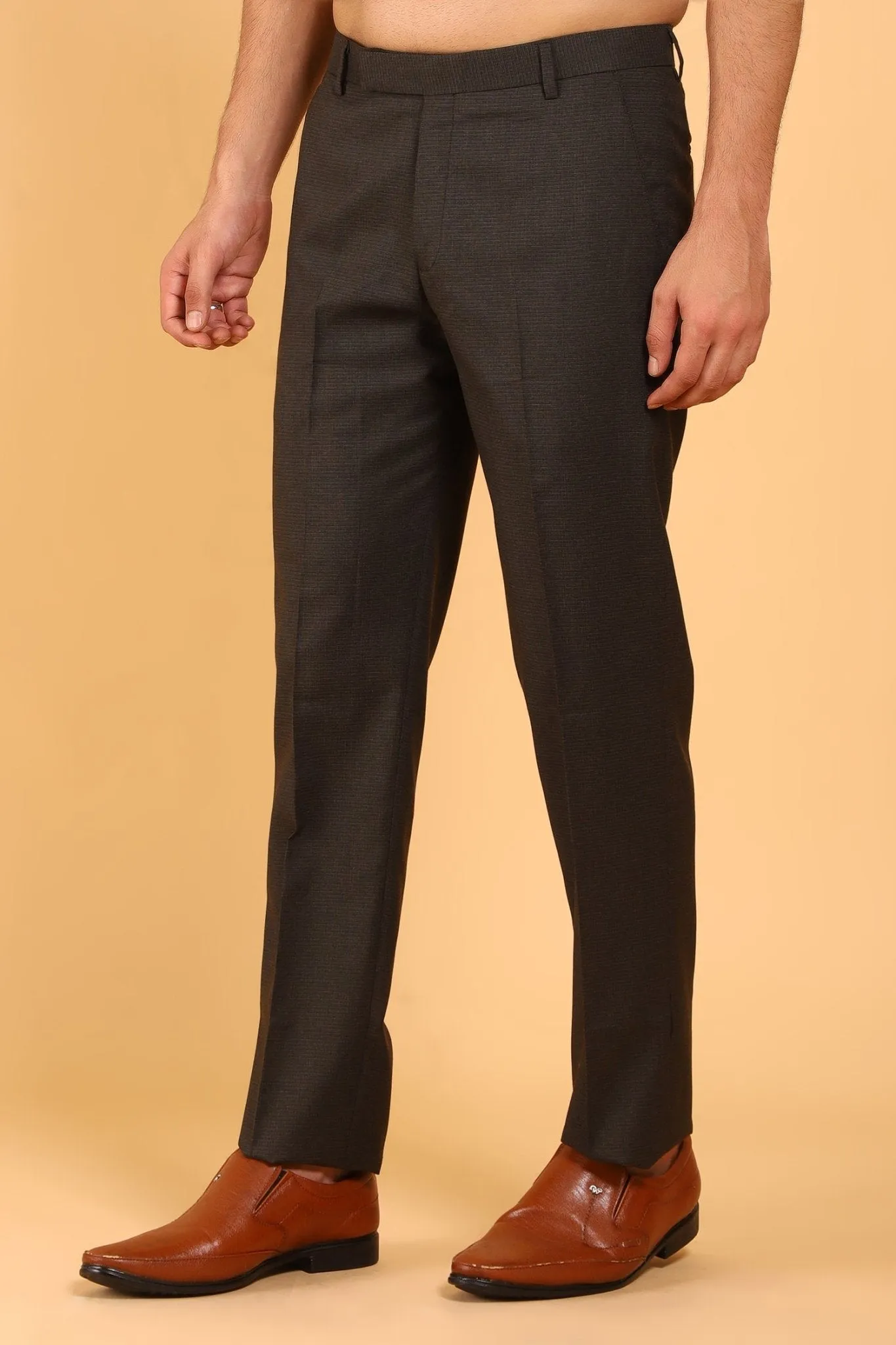 Bluebird Men's Dark Brown Textured Lycra Formal Trousers