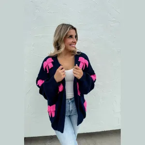 Bow Knit Cardigan - Blue with Pink Ribbons