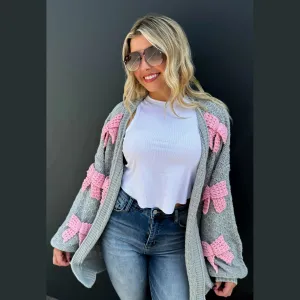 Bow Knit Cardigan - Grey with Pink Ribbons`