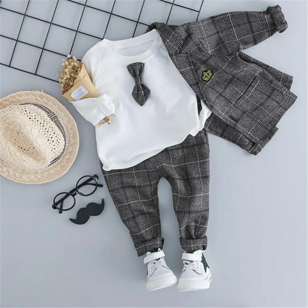 Boys Long Sleeve Bow Plaid Top & Outerwear & Pants