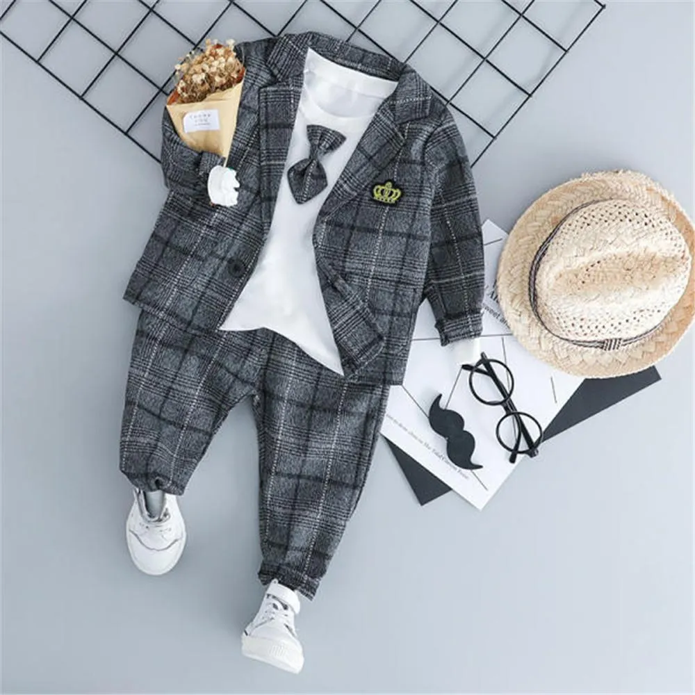 Boys Long Sleeve Bow Plaid Top & Outerwear & Pants