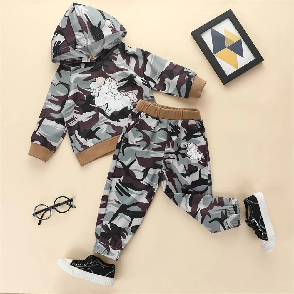 Boys Unicorn Cartoon Camo Hooded Jumper & Pants