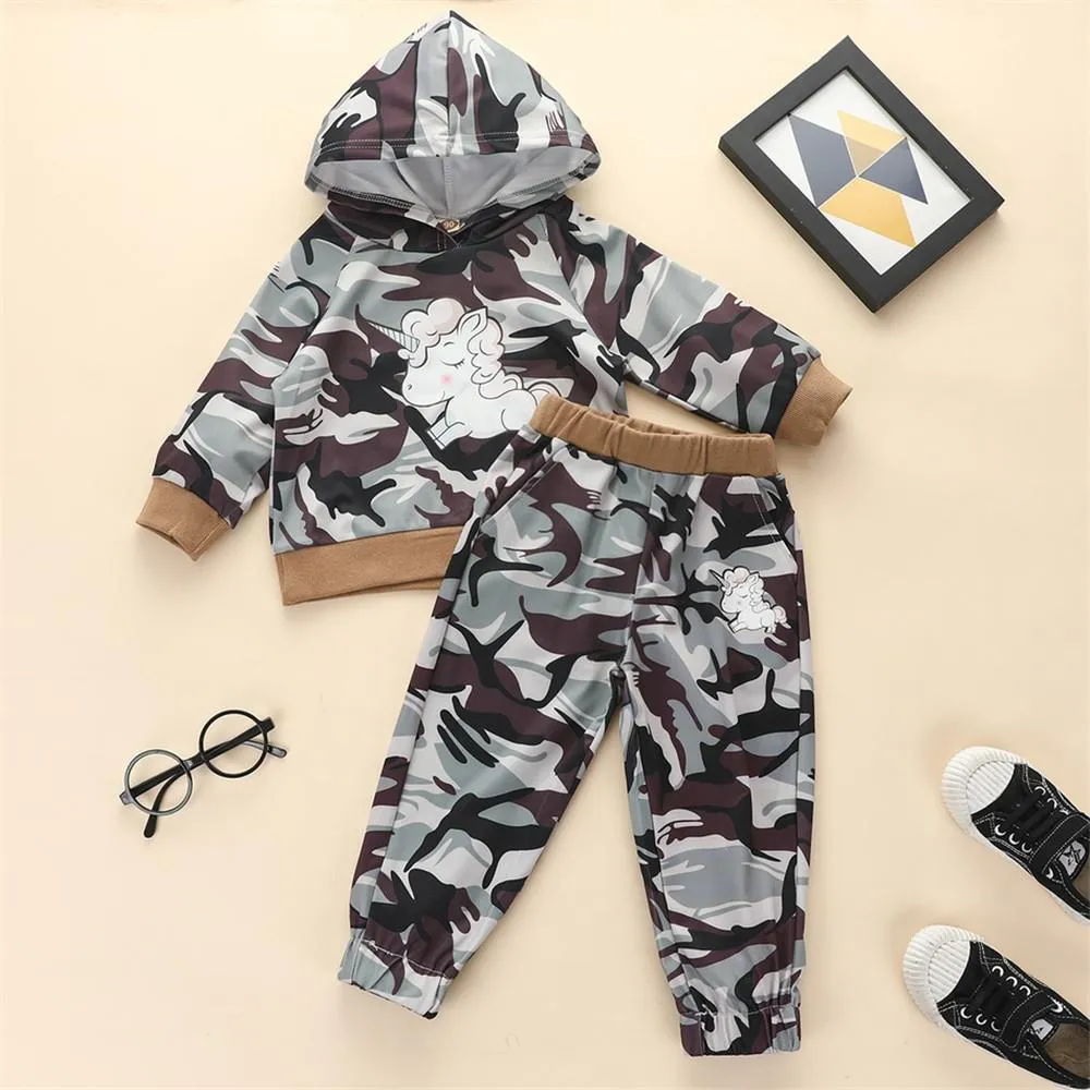 Boys Unicorn Cartoon Camo Hooded Jumper & Pants