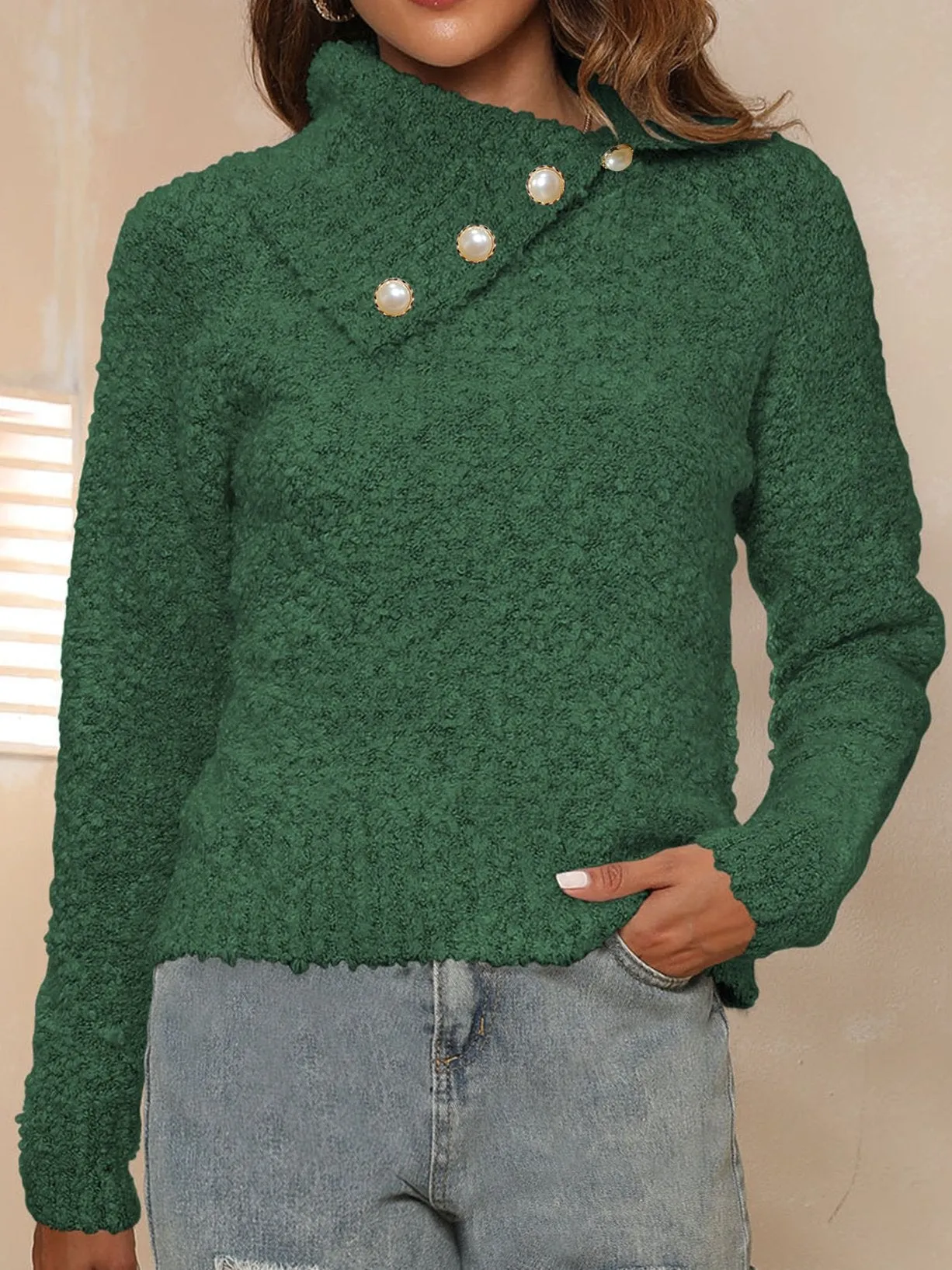 Chic Asymmetrical Large Lapel Pullover Sweater with Pearl Buttons