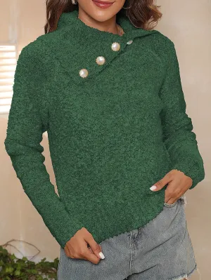 Chic Asymmetrical Large Lapel Pullover Sweater with Pearl Buttons