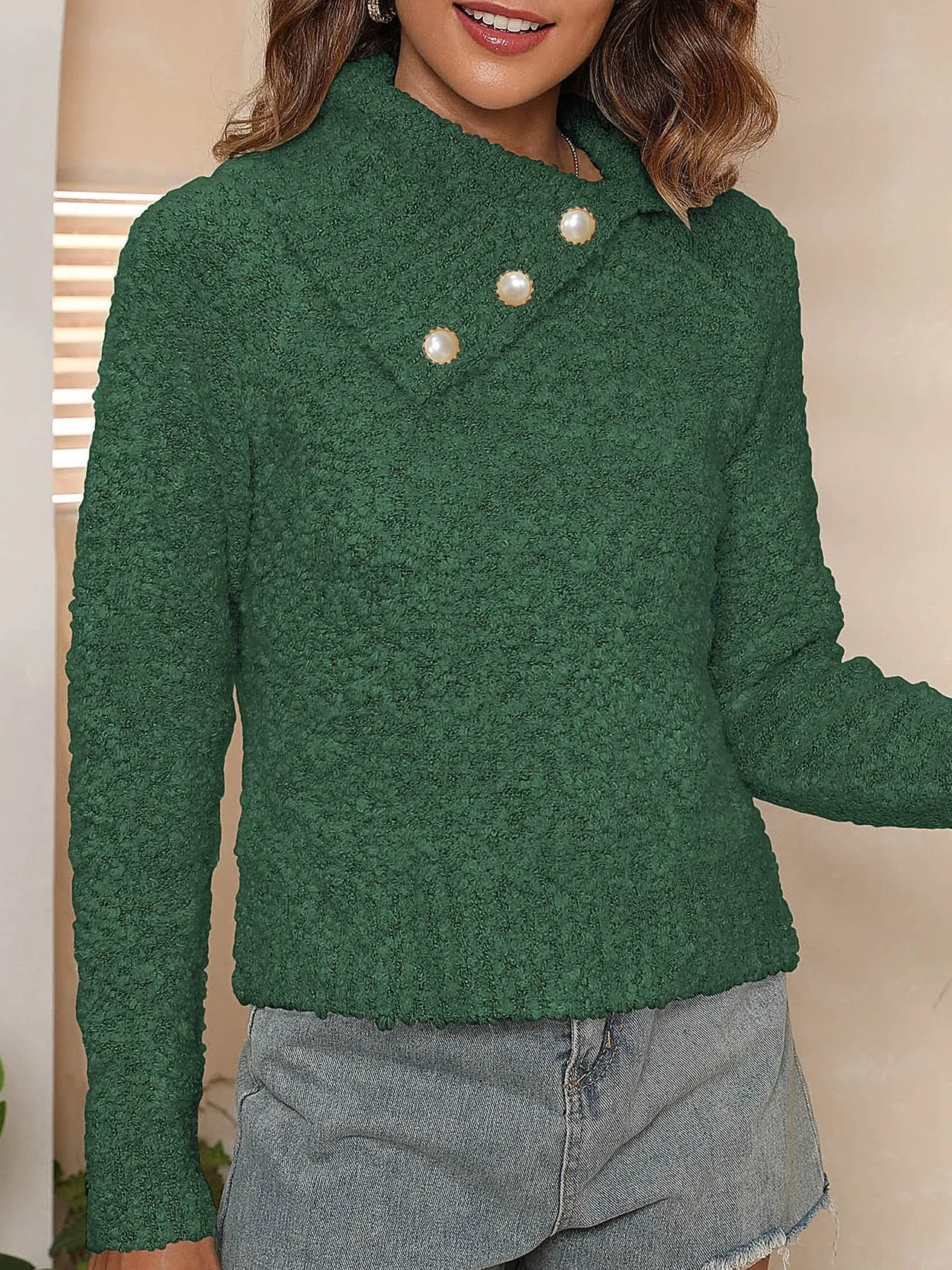 Chic Asymmetrical Large Lapel Pullover Sweater with Pearl Buttons