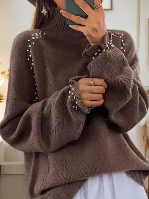 Chic Embellished Jacquard Turtleneck Knit Sweater