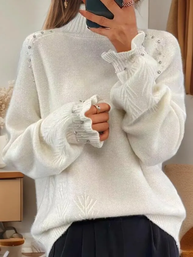 Chic Embellished Jacquard Turtleneck Knit Sweater