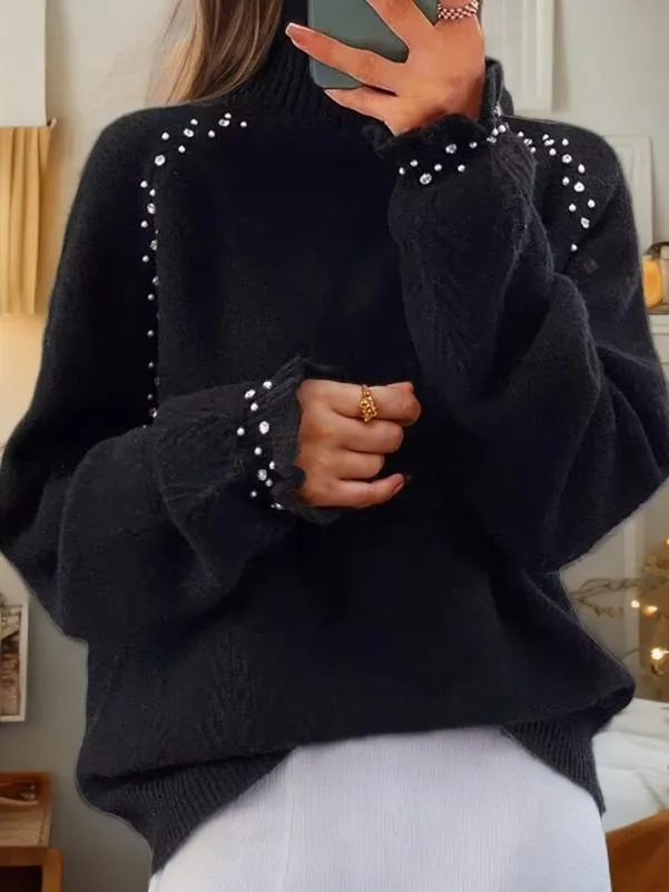 Chic Embellished Jacquard Turtleneck Knit Sweater