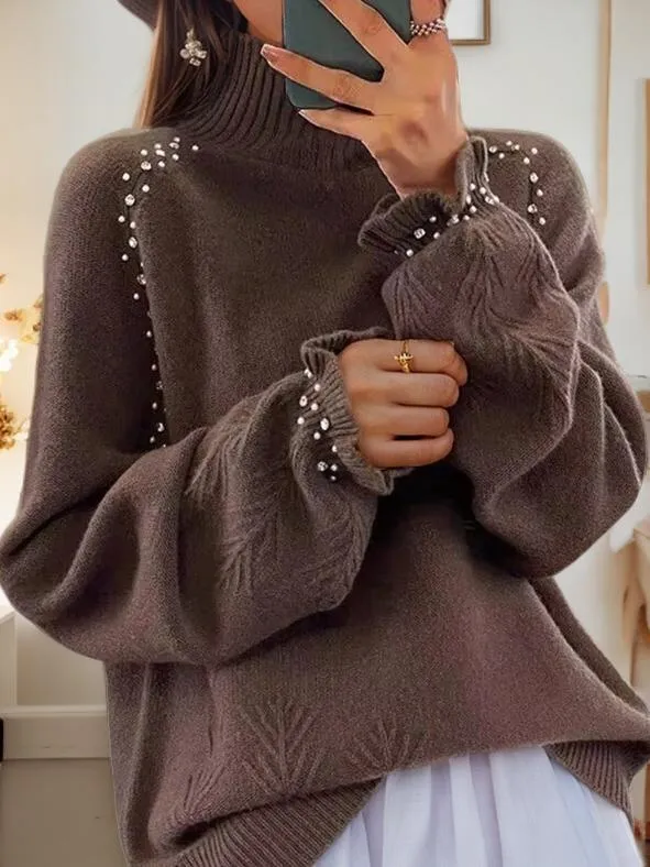 Chic Embellished Jacquard Turtleneck Knit Sweater