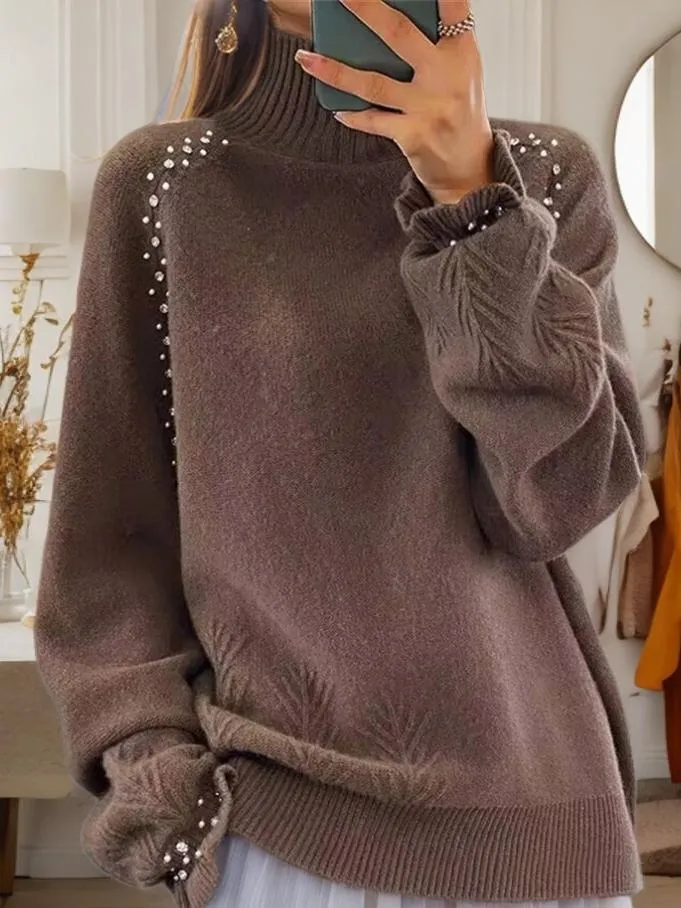 Chic Embellished Jacquard Turtleneck Knit Sweater