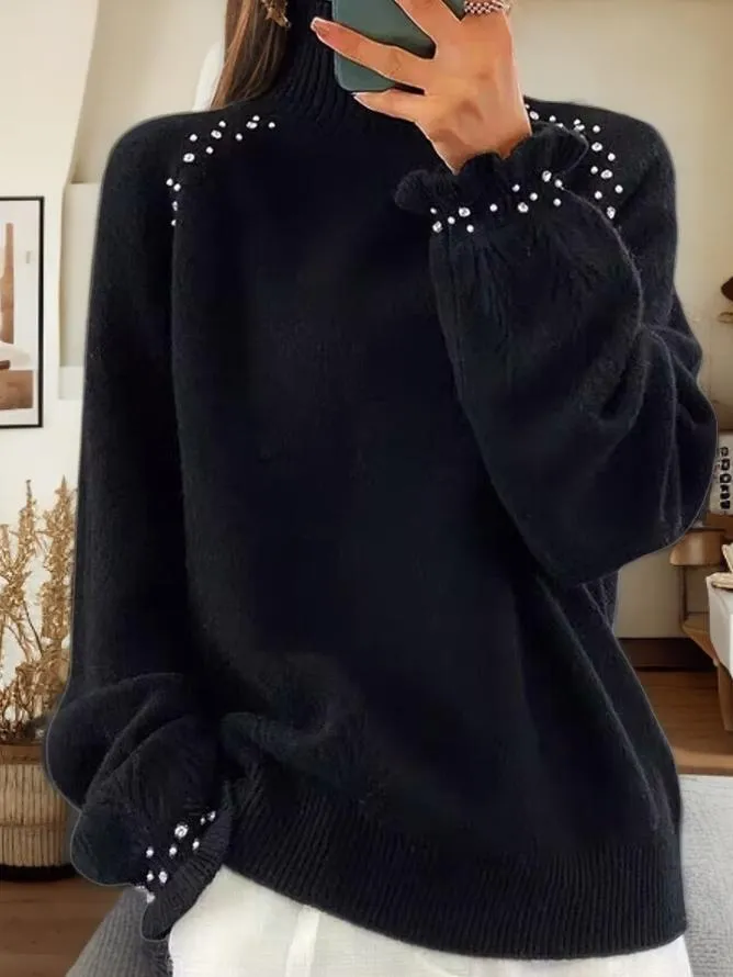 Chic Embellished Jacquard Turtleneck Knit Sweater