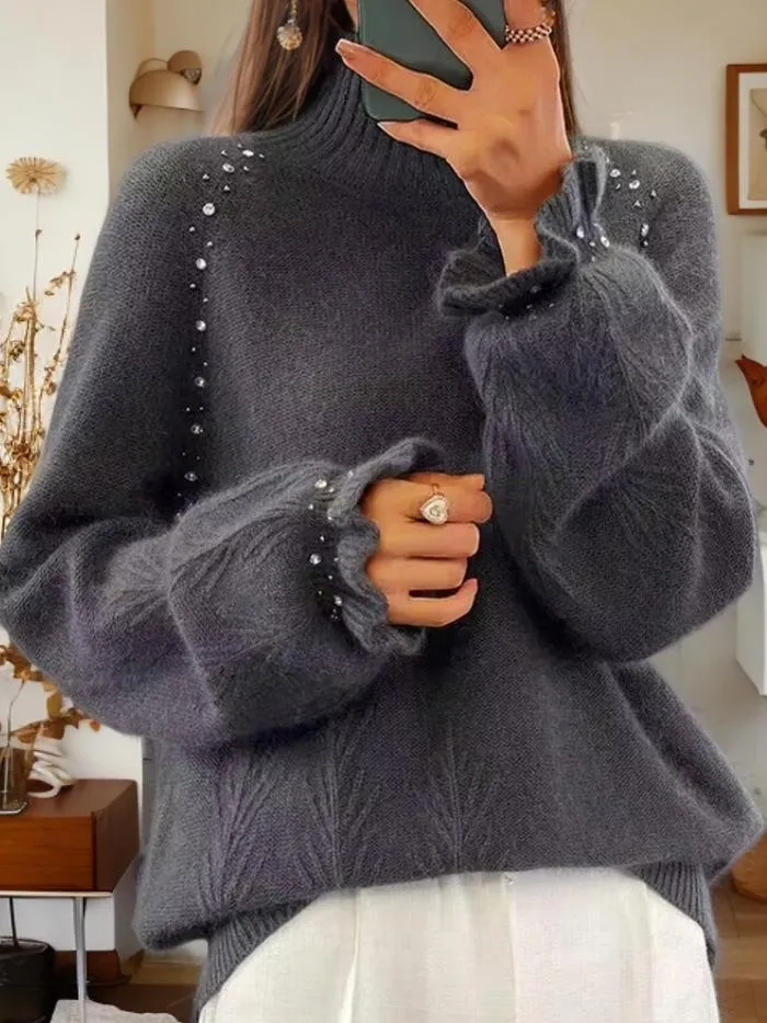 Chic Embellished Jacquard Turtleneck Knit Sweater