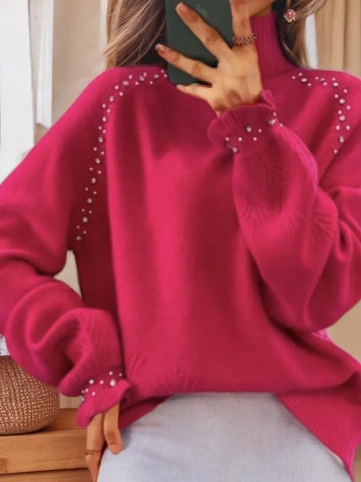 Chic Embellished Jacquard Turtleneck Knit Sweater