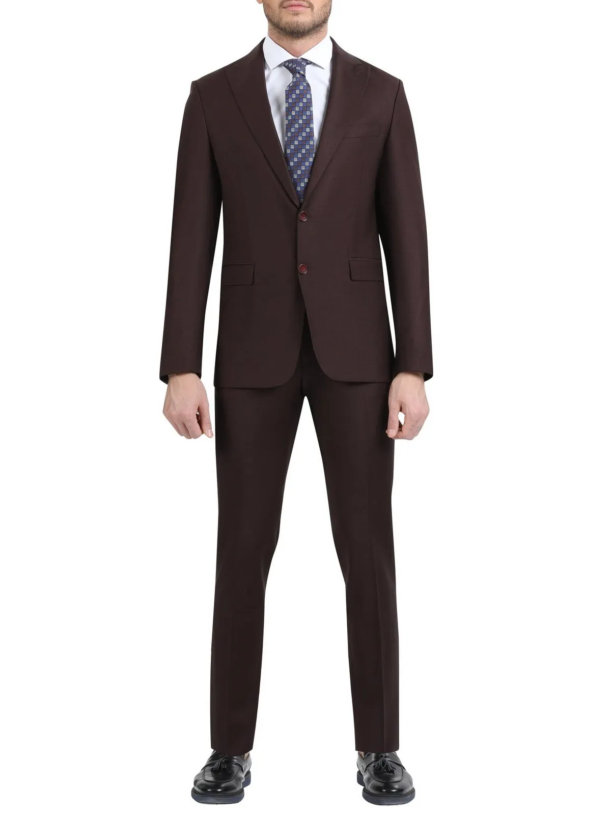 Di'nucci Slim Fit Burgundy Textured Peak Lapel Wool Blend Suit